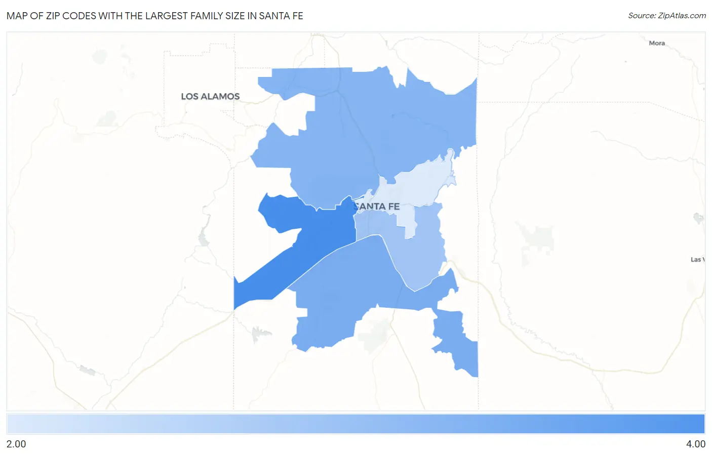 Zip Codes with the Largest Family Size in Santa Fe Map