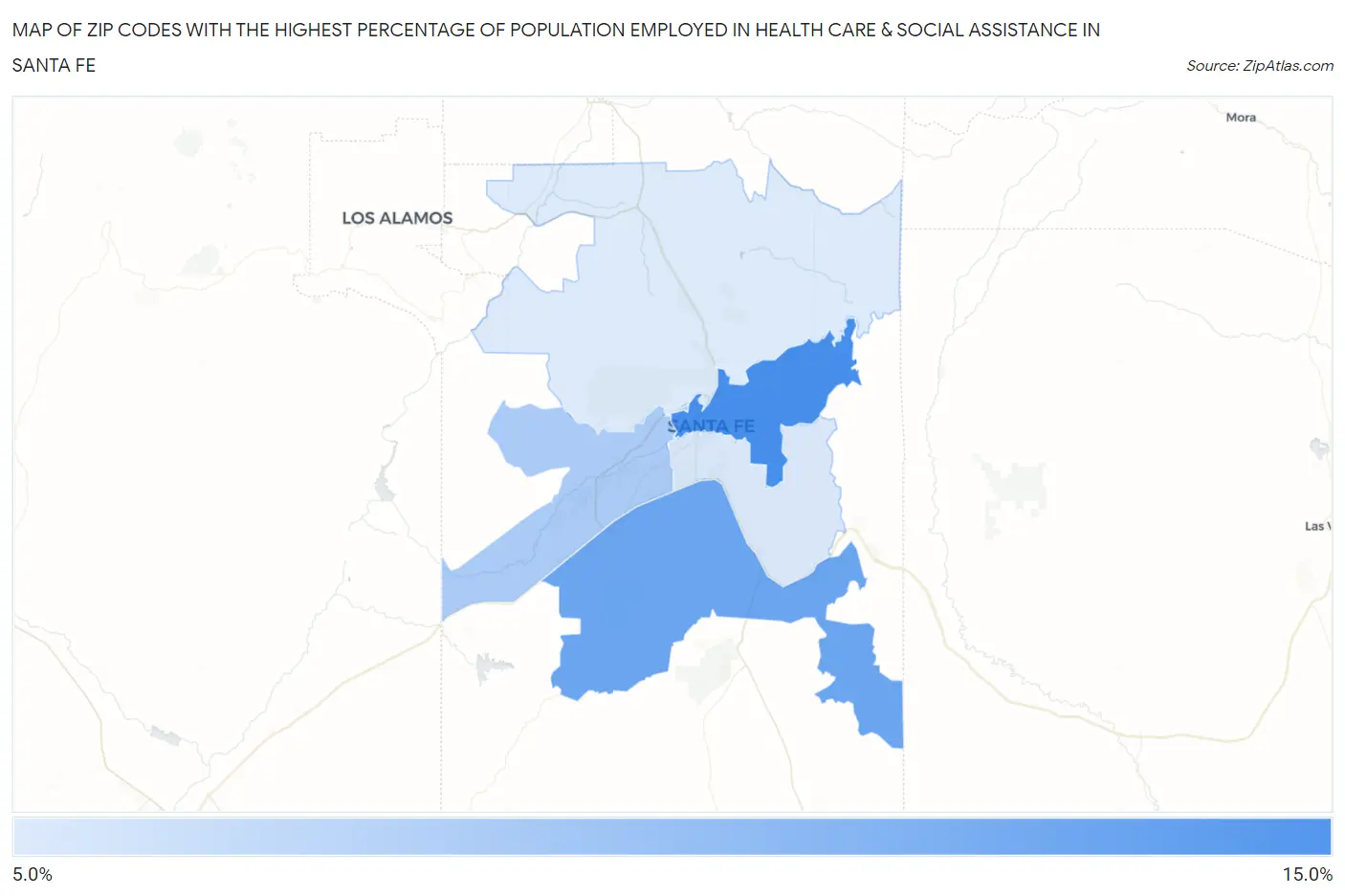 Zip Codes with the Highest Percentage of Population Employed in Health Care & Social Assistance in Santa Fe Map