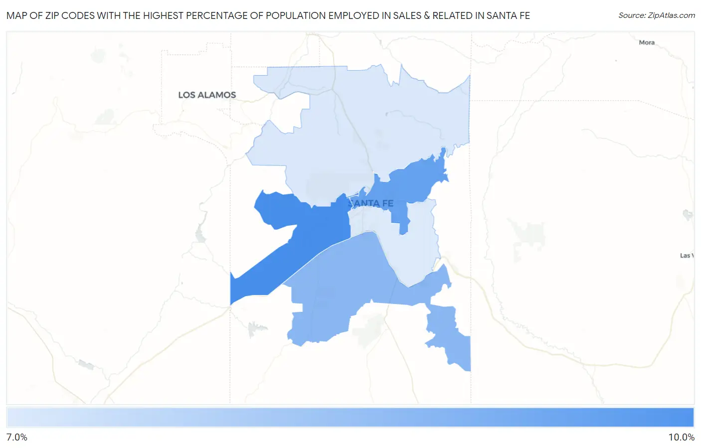 Zip Codes with the Highest Percentage of Population Employed in Sales & Related in Santa Fe Map