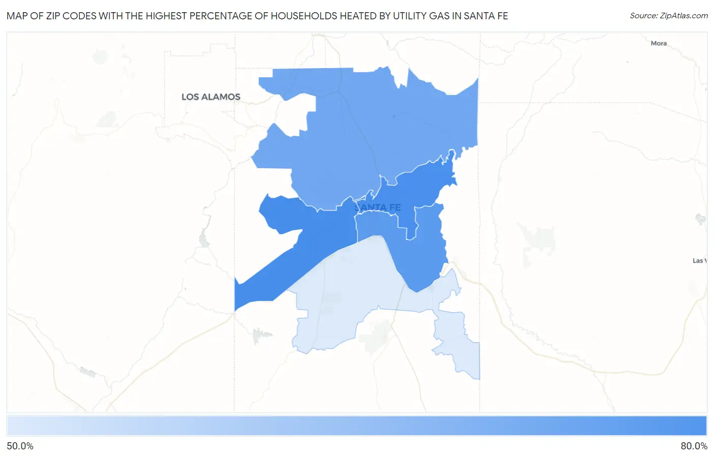 Zip Codes with the Highest Percentage of Households Heated by Utility Gas in Santa Fe Map