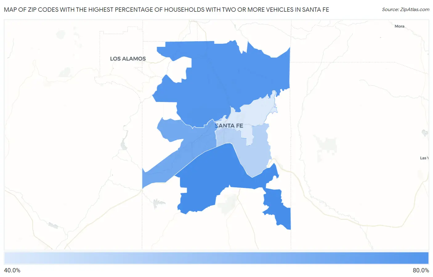 Zip Codes with the Highest Percentage of Households With Two or more Vehicles in Santa Fe Map