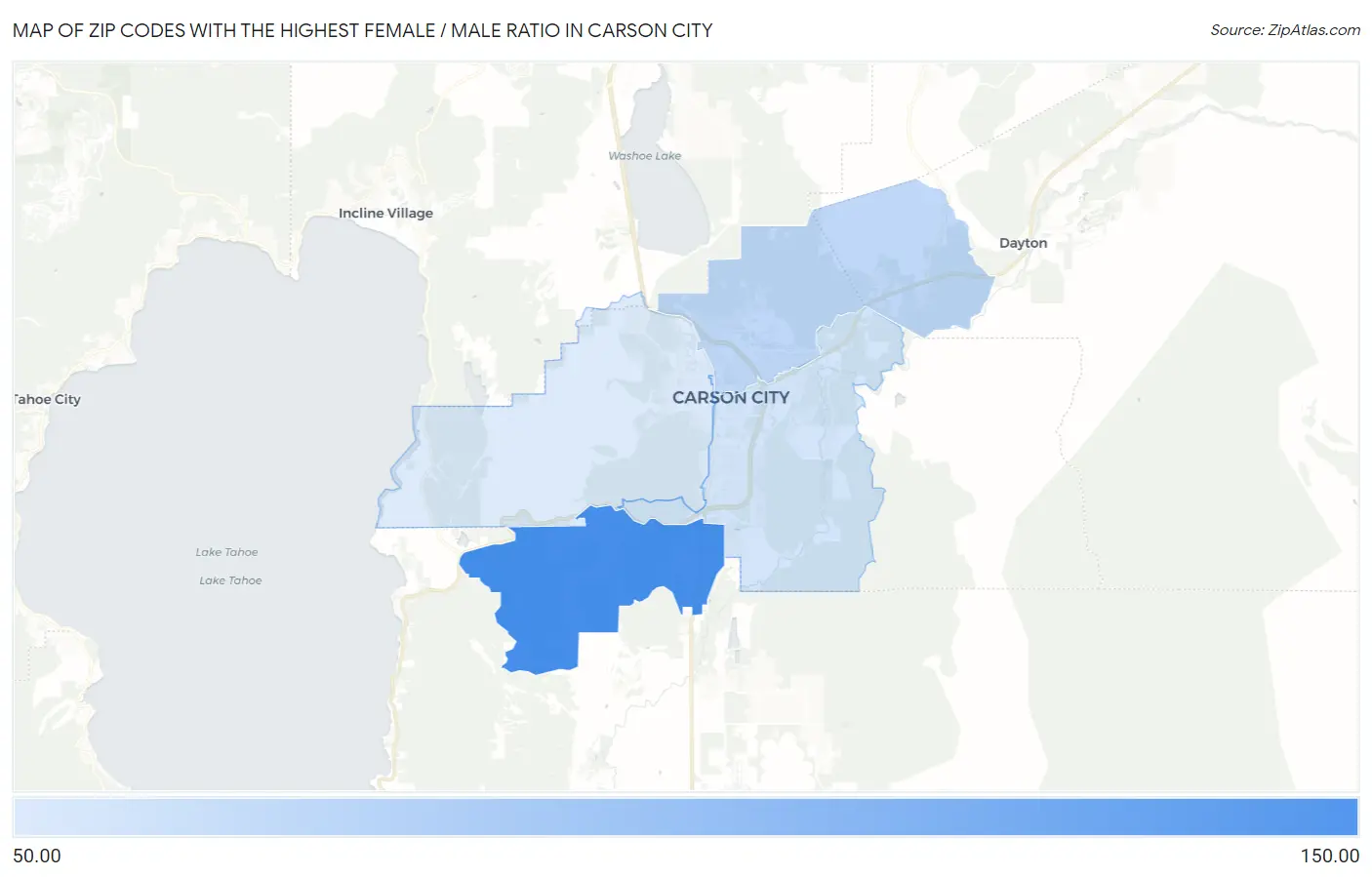 Zip Codes with the Highest Female / Male Ratio in Carson City Map