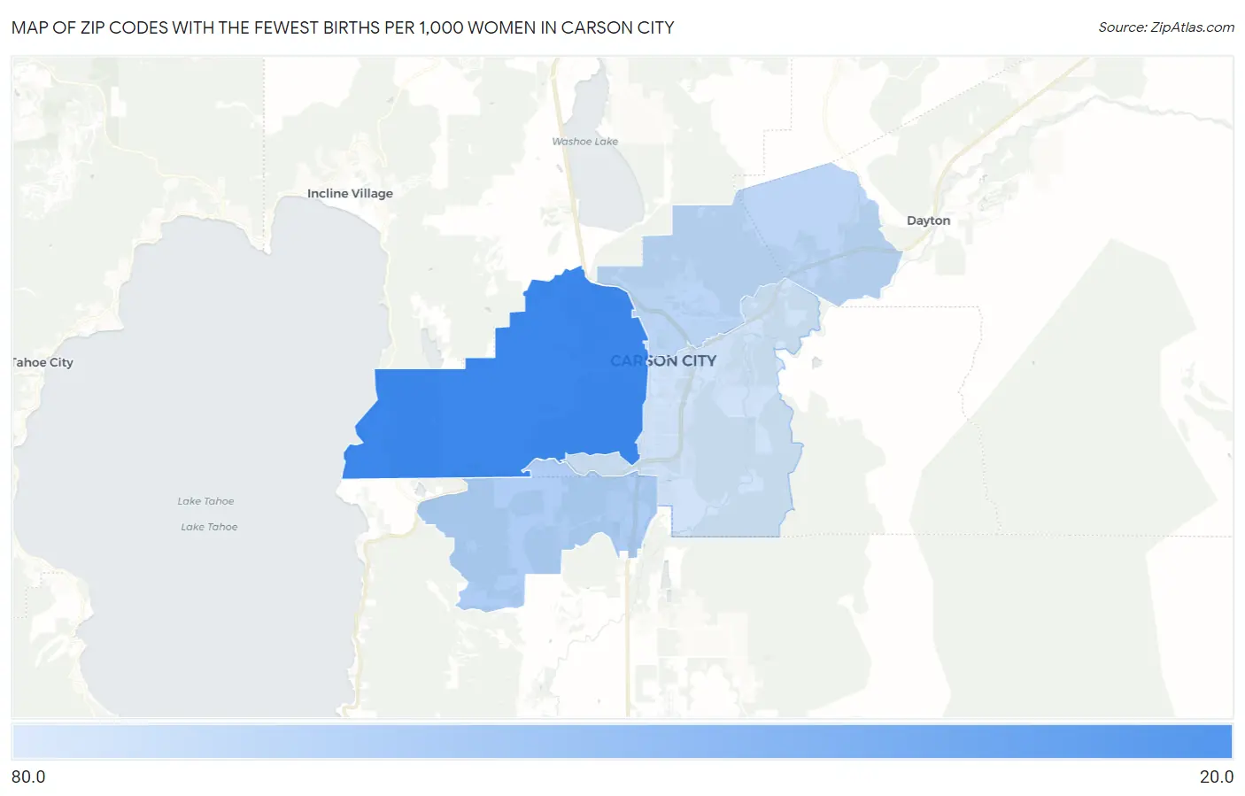 Zip Codes with the Fewest Births per 1,000 Women in Carson City Map