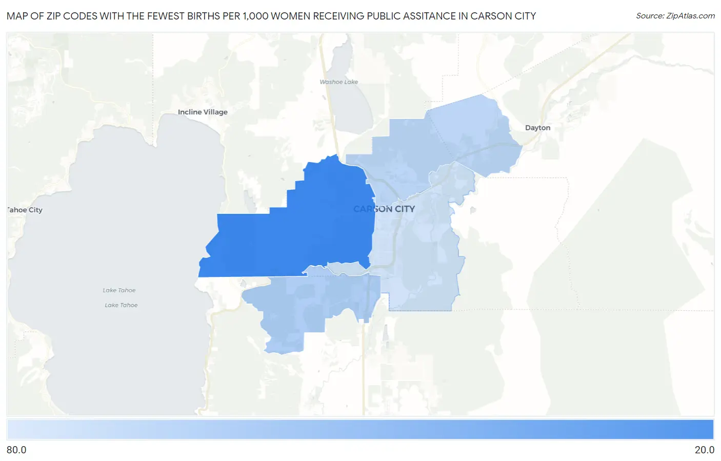 Zip Codes with the Fewest Births per 1,000 Women Receiving Public Assitance in Carson City Map