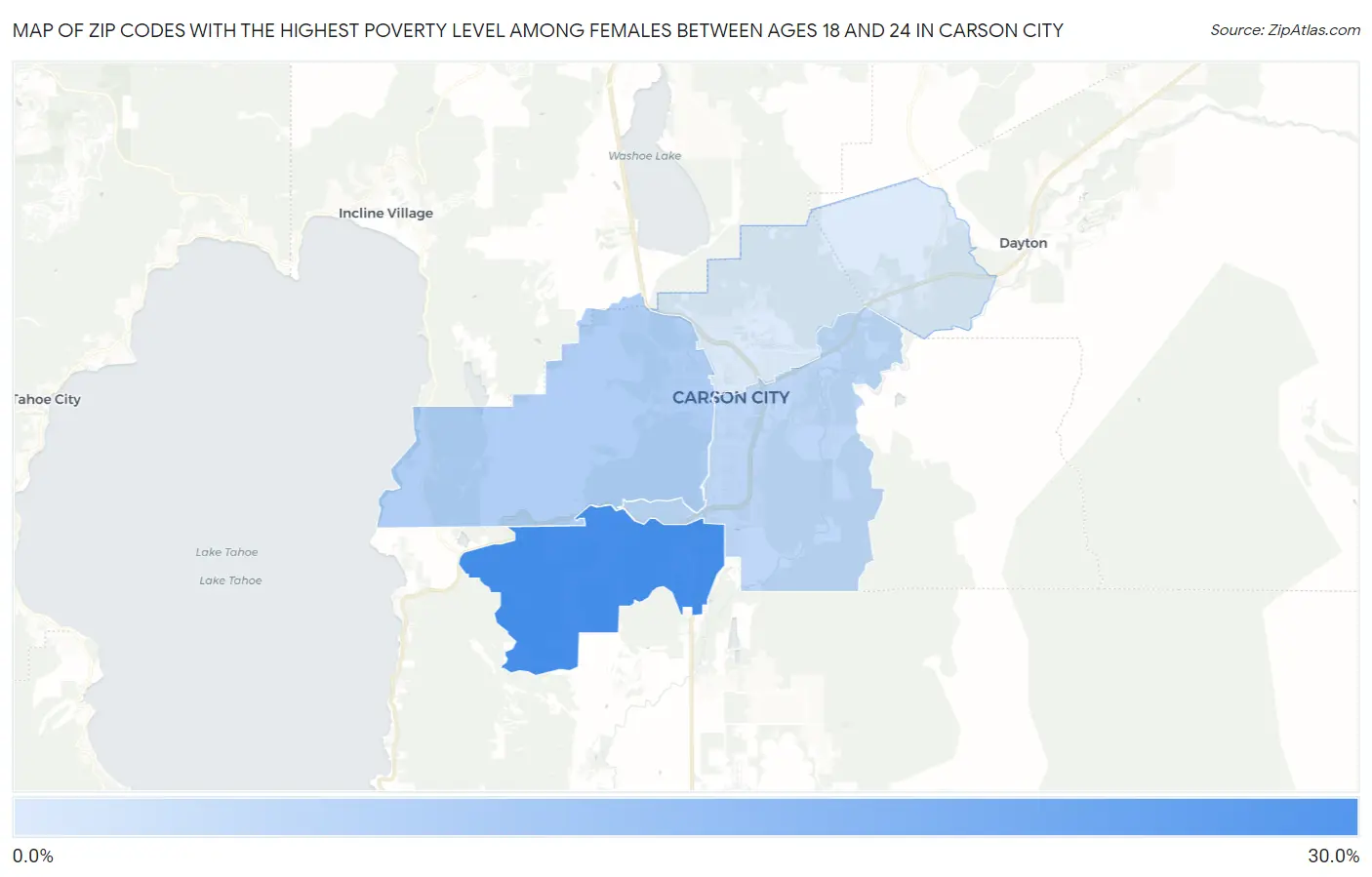 Zip Codes with the Highest Poverty Level Among Females Between Ages 18 and 24 in Carson City Map