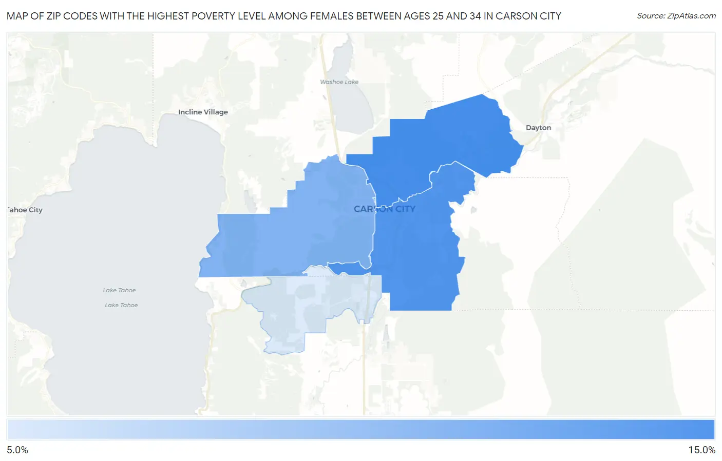 Zip Codes with the Highest Poverty Level Among Females Between Ages 25 and 34 in Carson City Map