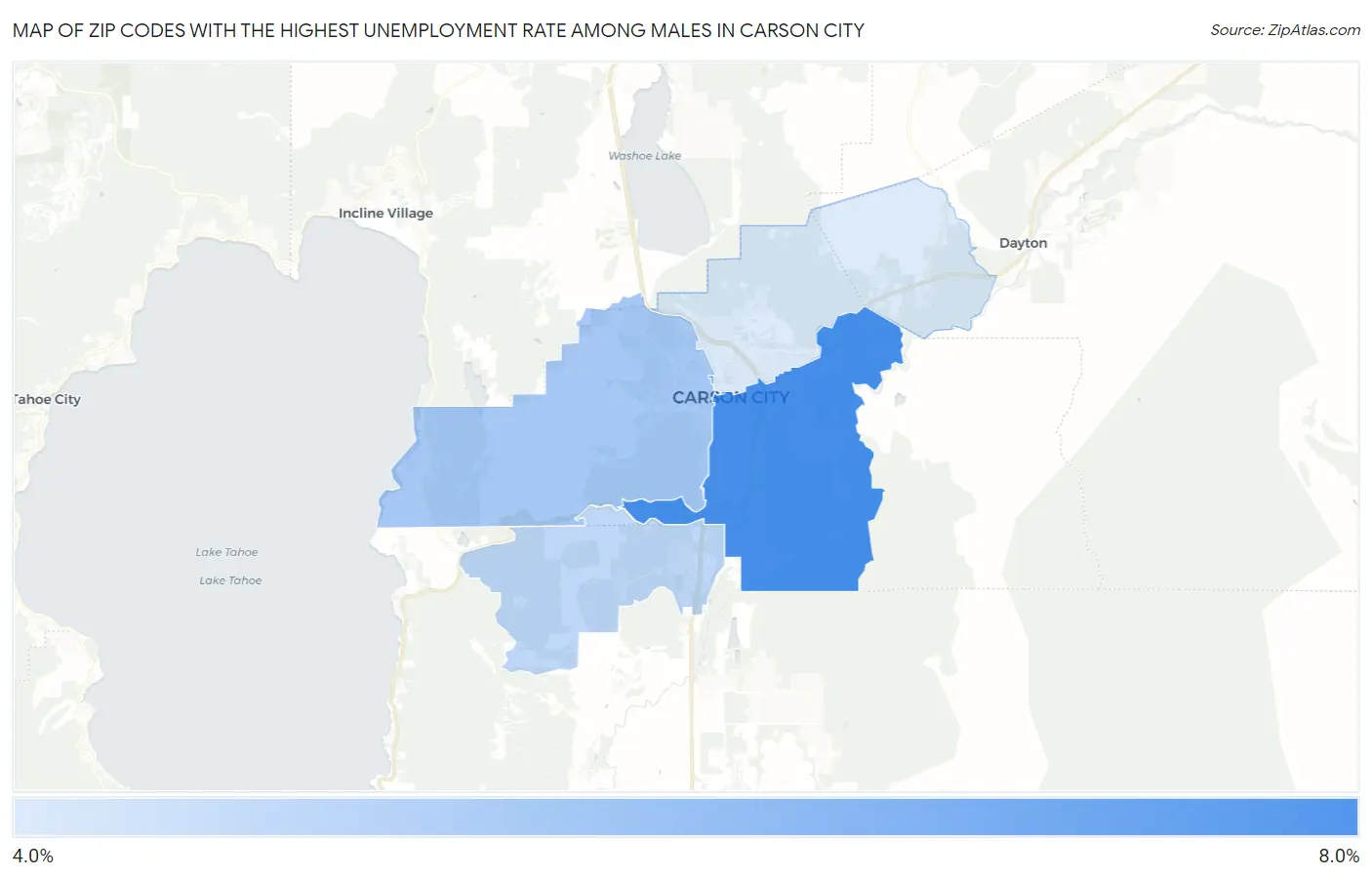 Zip Codes with the Highest Unemployment Rate Among Males in Carson City Map