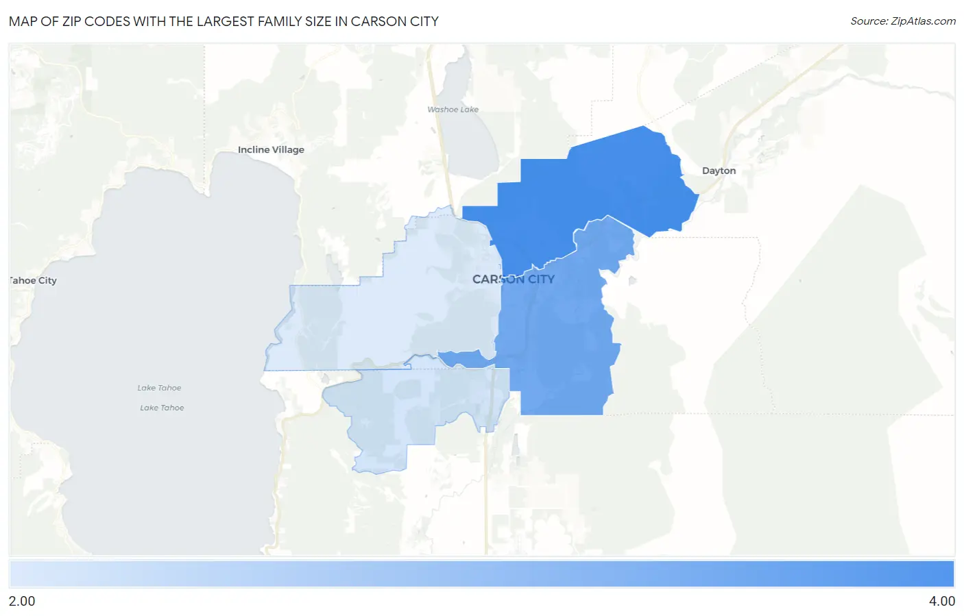 Zip Codes with the Largest Family Size in Carson City Map