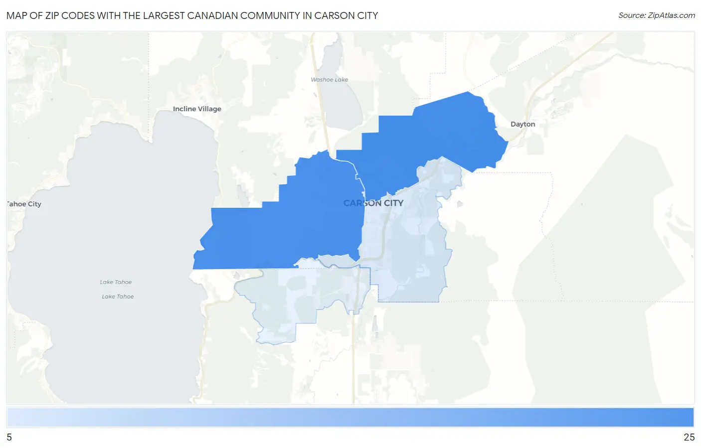 Zip Codes with the Largest Canadian Community in Carson City Map