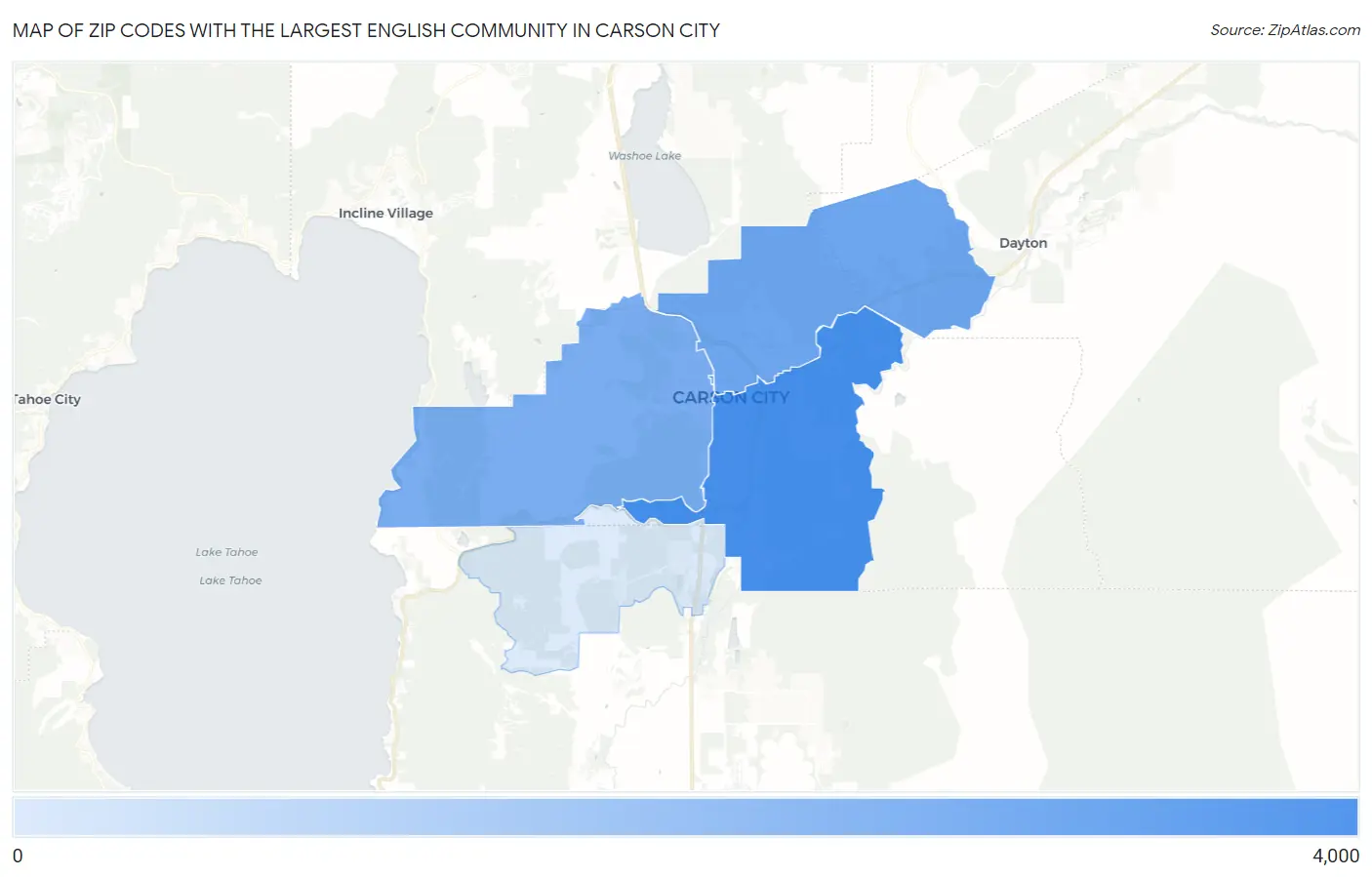 Zip Codes with the Largest English Community in Carson City Map