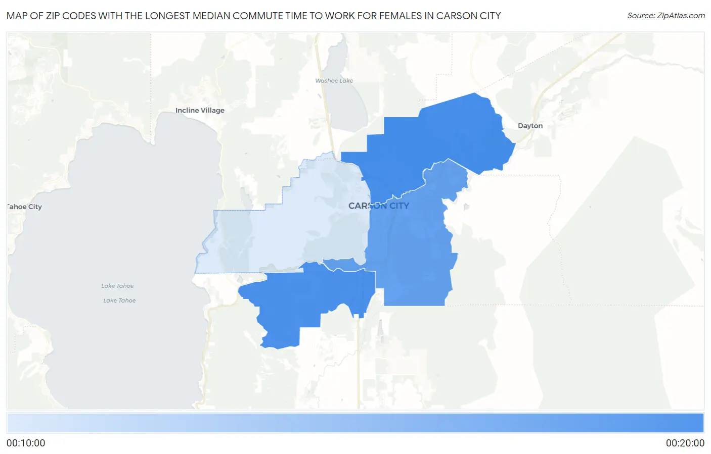 Zip Codes with the Longest Median Commute Time to Work for Females in Carson City Map