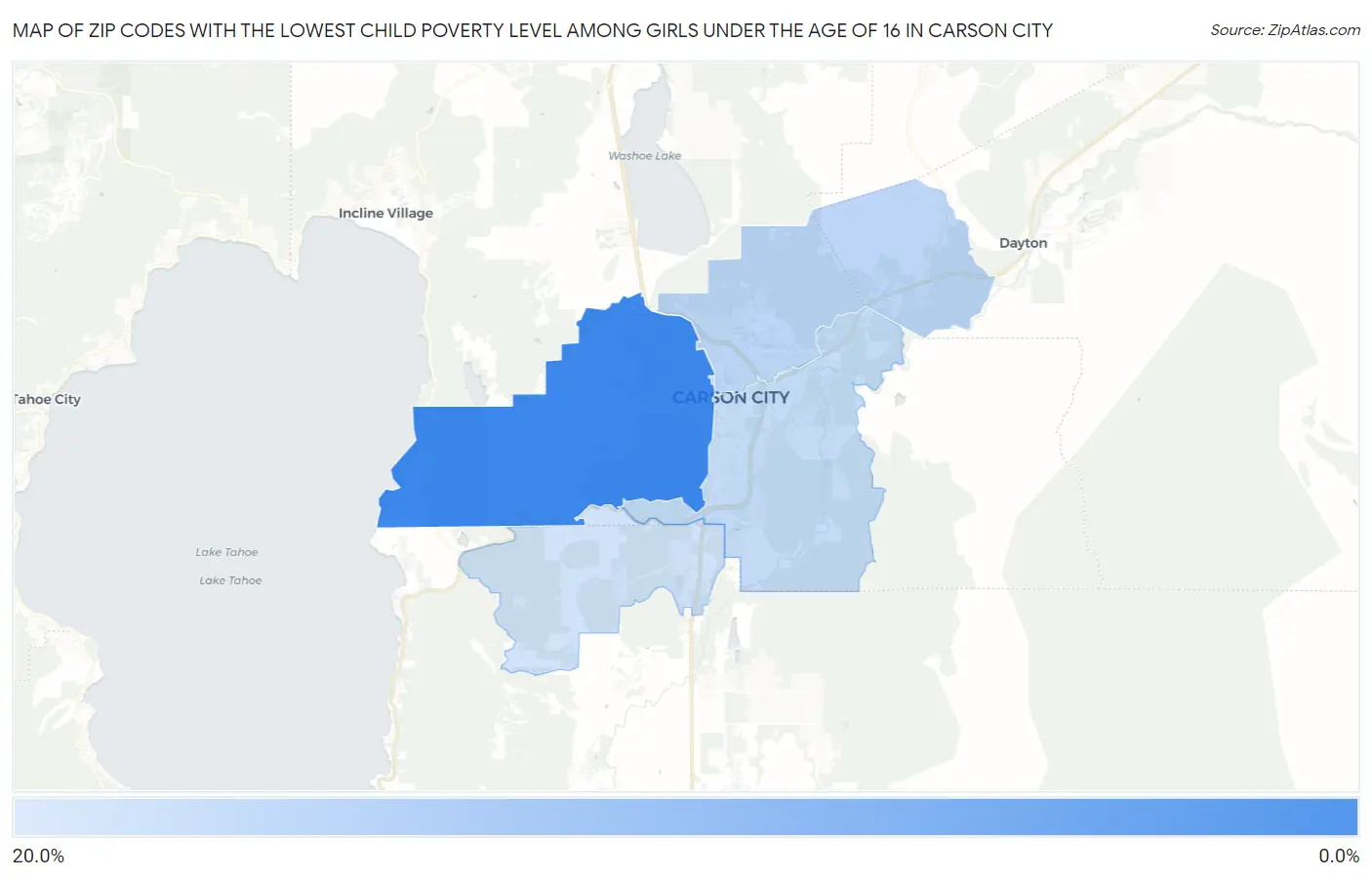 Zip Codes with the Lowest Child Poverty Level Among Girls Under the Age of 16 in Carson City Map