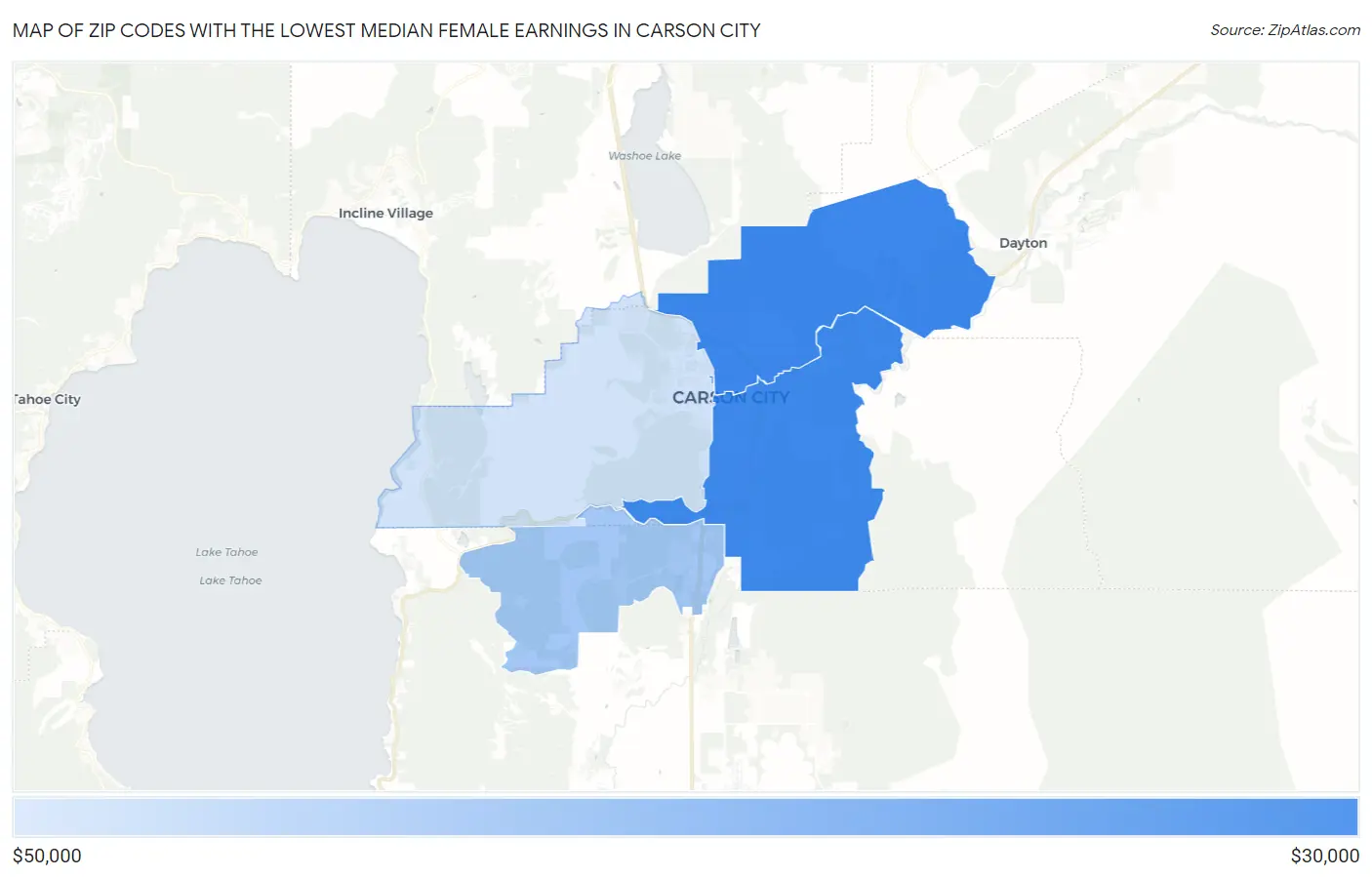 Zip Codes with the Lowest Median Female Earnings in Carson City Map