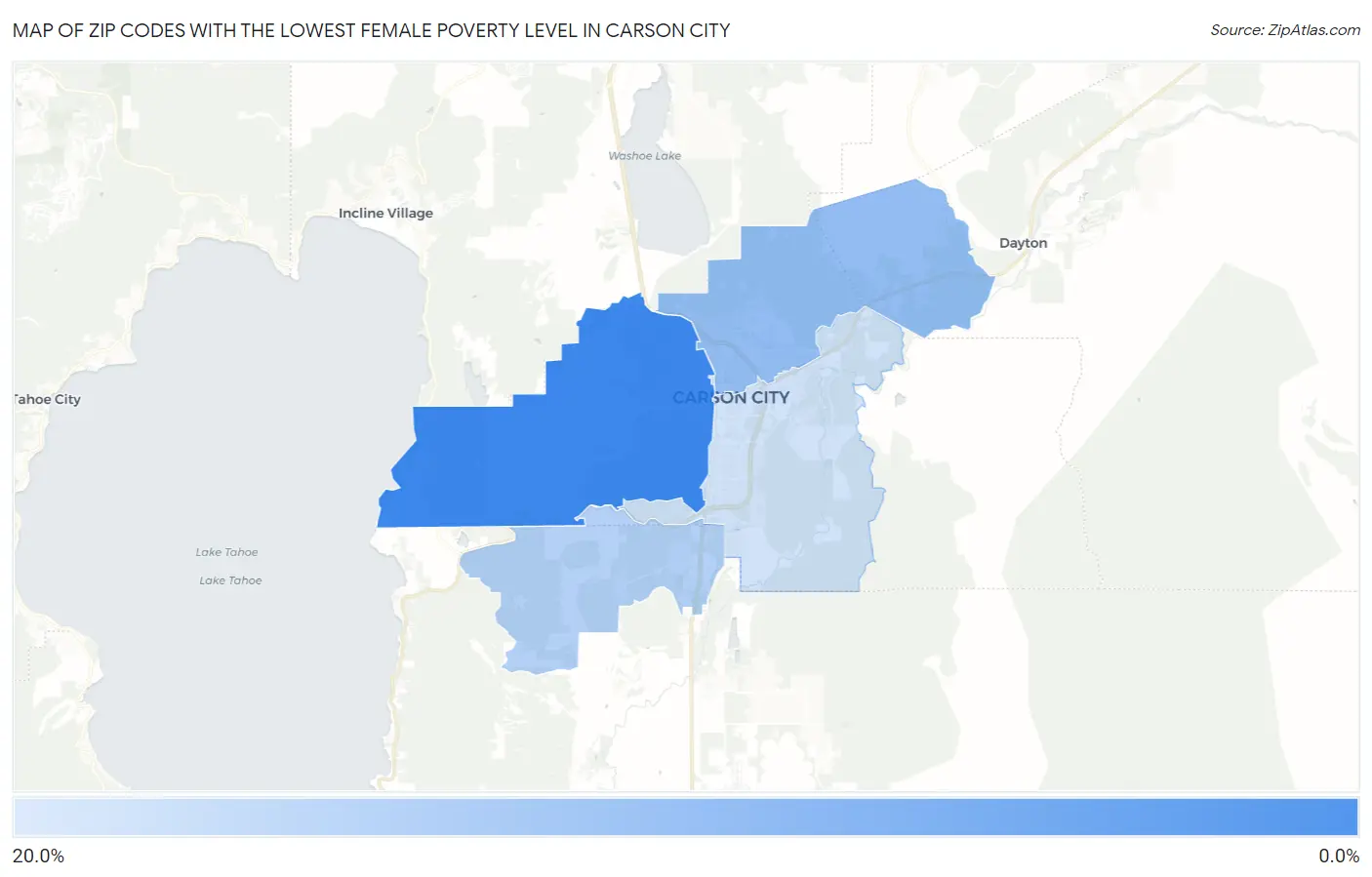 Zip Codes with the Lowest Female Poverty Level in Carson City Map