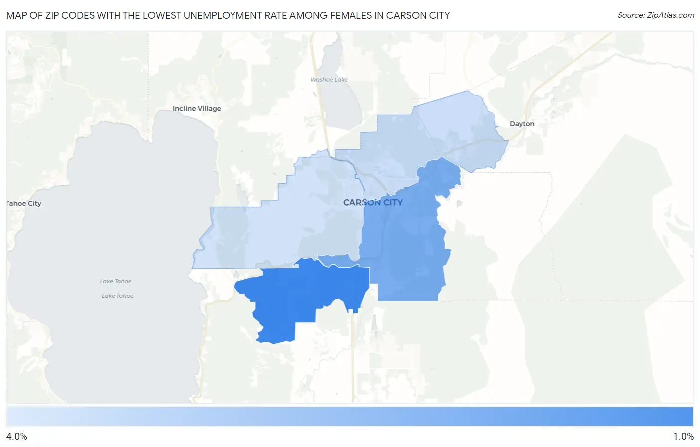 Zip Codes with the Lowest Unemployment Rate Among Females in Carson City Map