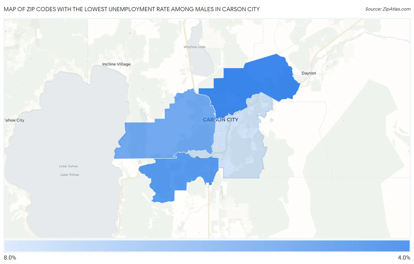 Zip Codes with the Lowest Unemployment Rate Among Males in Carson City Map