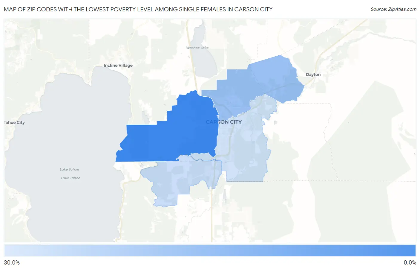 Zip Codes with the Lowest Poverty Level Among Single Females in Carson City Map