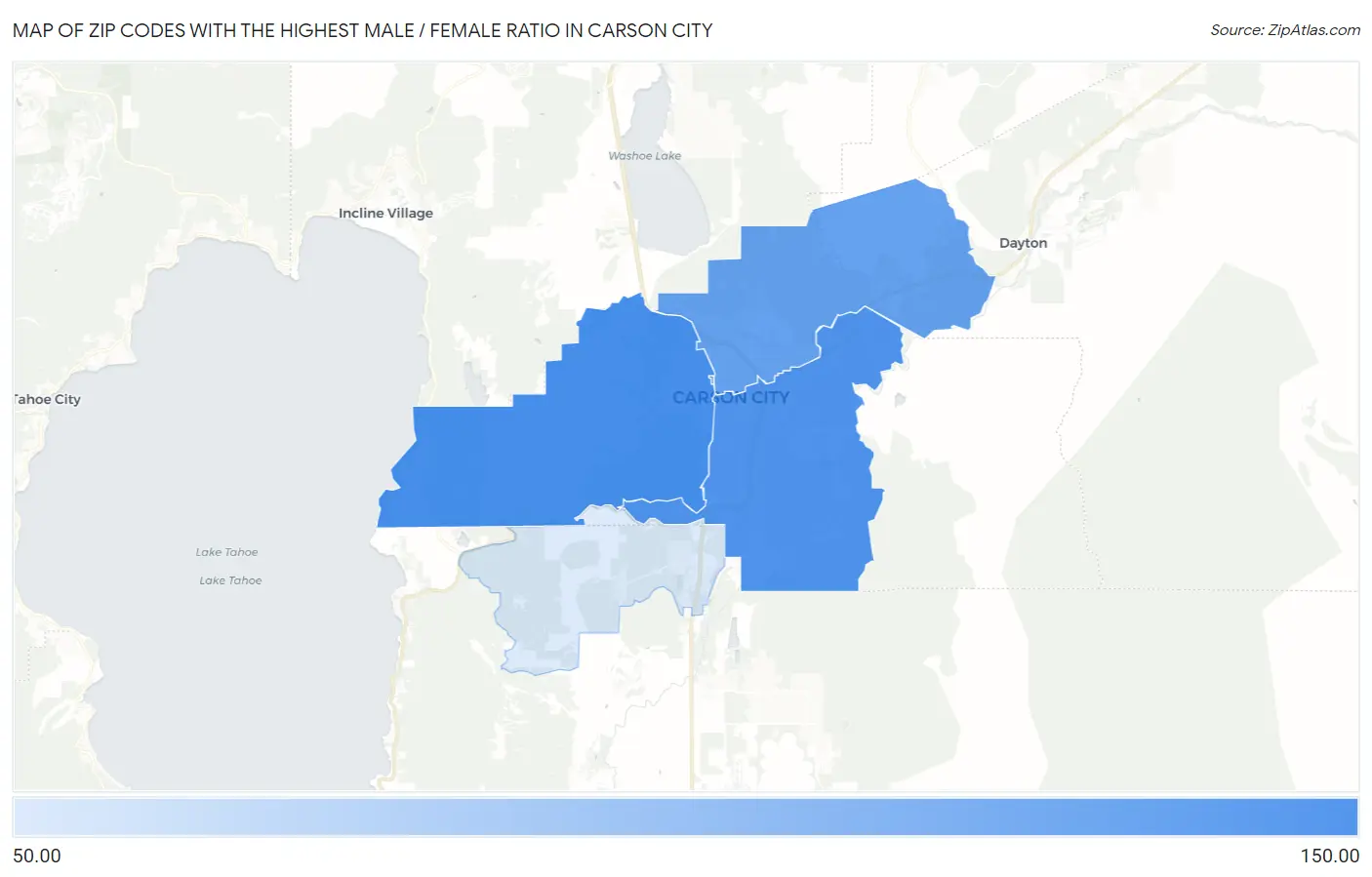 Zip Codes with the Highest Male / Female Ratio in Carson City Map