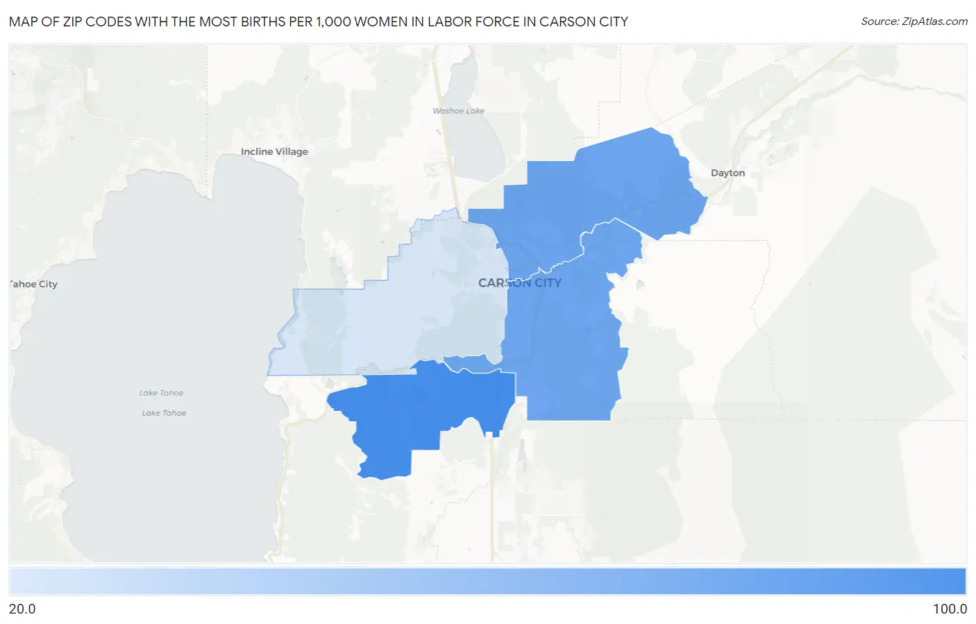 Zip Codes with the Most Births per 1,000 Women in Labor Force in Carson City Map