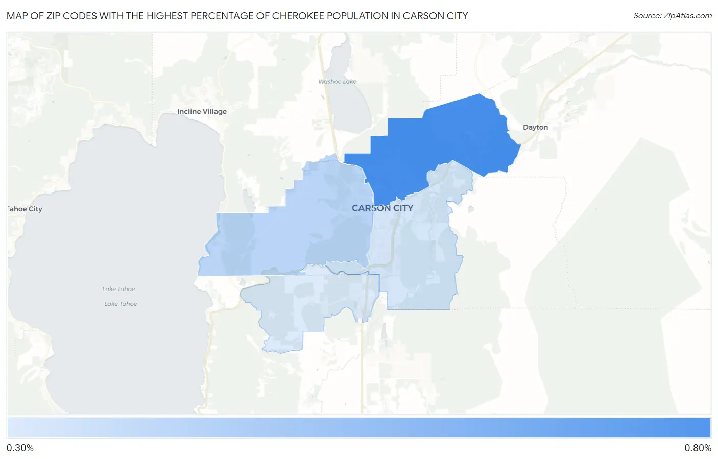 Zip Codes with the Highest Percentage of Cherokee Population in Carson City Map