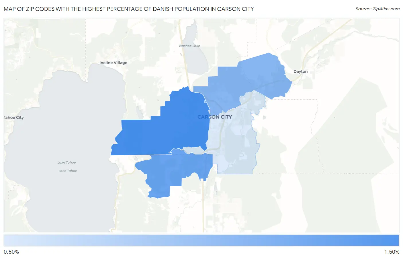 Zip Codes with the Highest Percentage of Danish Population in Carson City Map