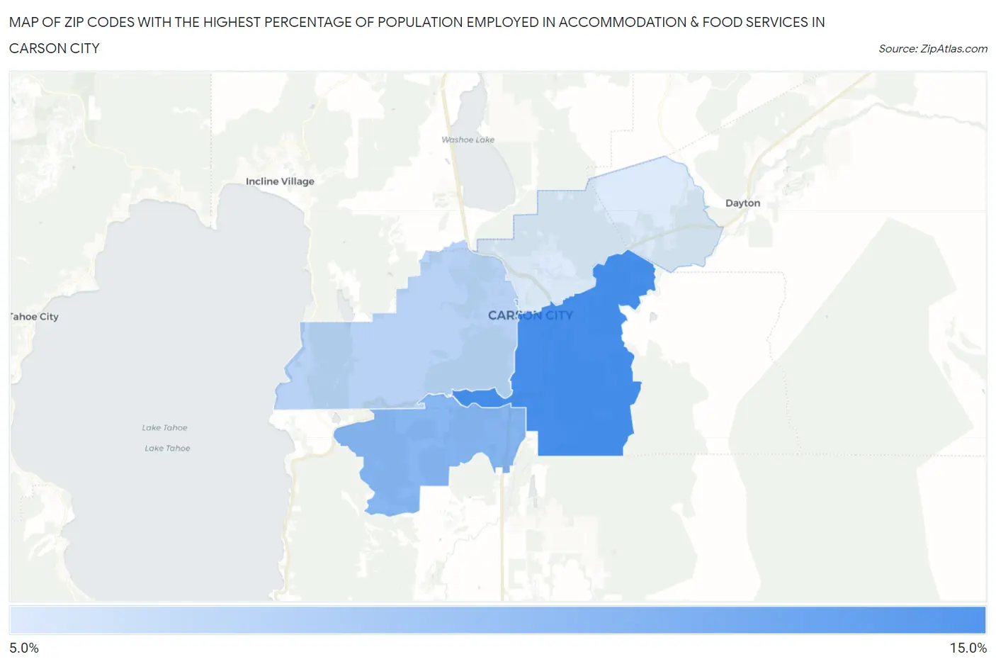 Zip Codes with the Highest Percentage of Population Employed in Accommodation & Food Services in Carson City Map