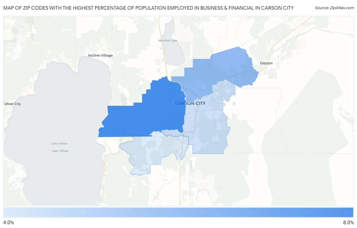 Zip Codes with the Highest Percentage of Population Employed in Business & Financial in Carson City Map