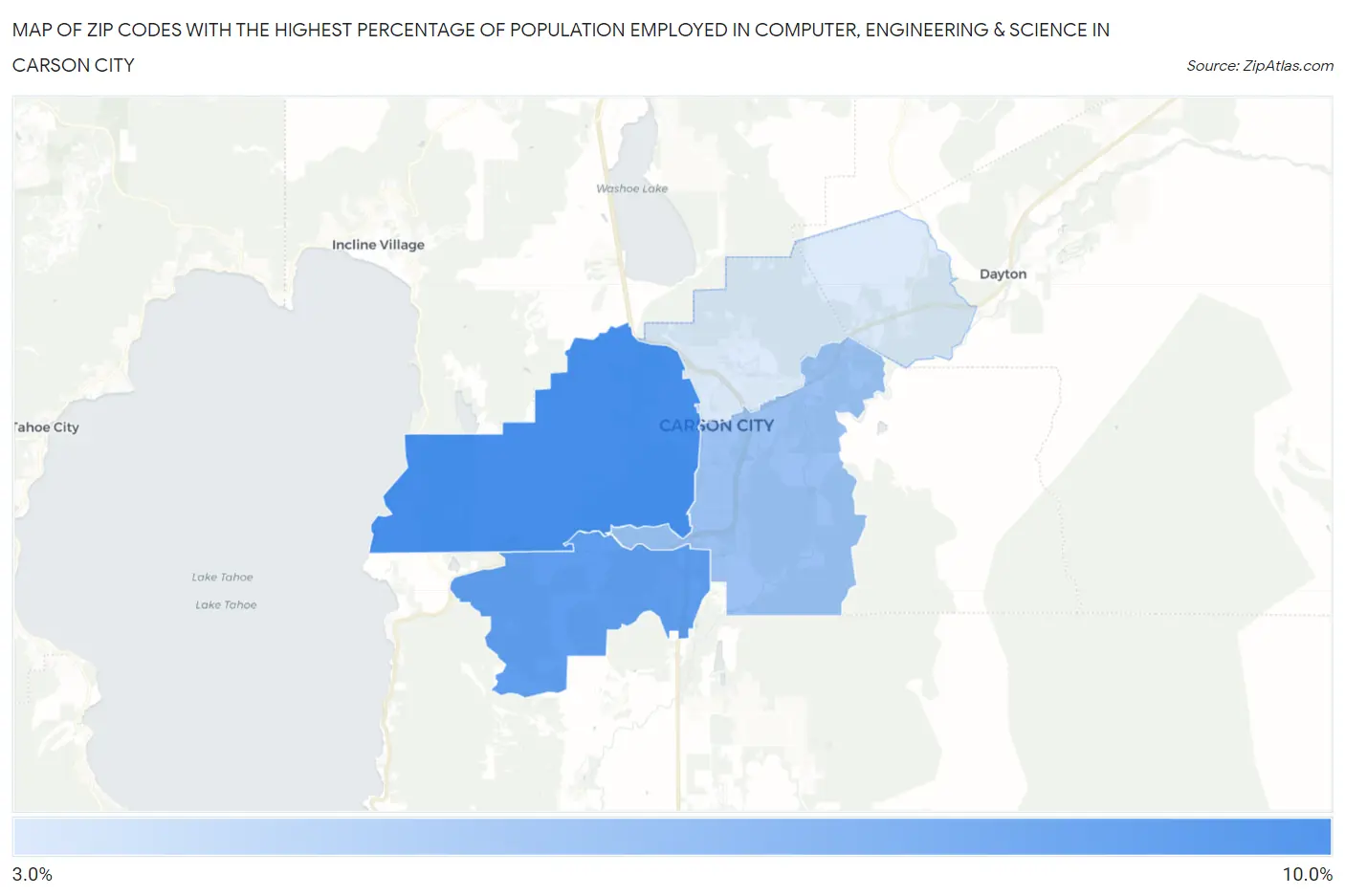 Zip Codes with the Highest Percentage of Population Employed in Computer, Engineering & Science in Carson City Map