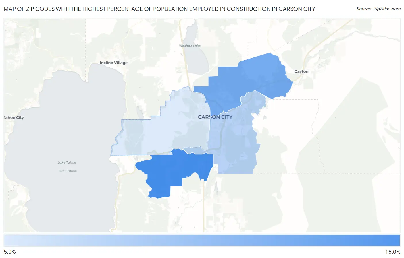 Zip Codes with the Highest Percentage of Population Employed in Construction in Carson City Map