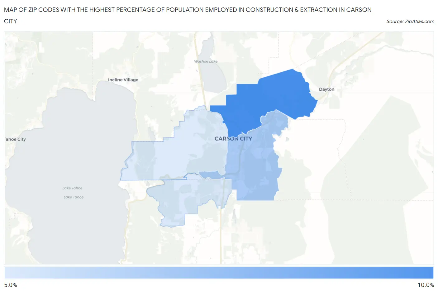 Zip Codes with the Highest Percentage of Population Employed in Construction & Extraction in Carson City Map