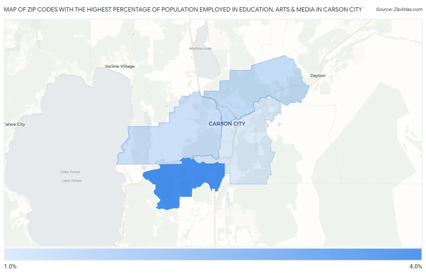 Zip Codes with the Highest Percentage of Population Employed in Education, Arts & Media in Carson City Map