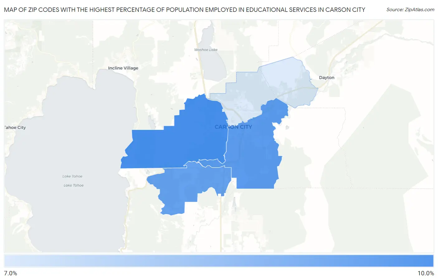 Zip Codes with the Highest Percentage of Population Employed in Educational Services in Carson City Map