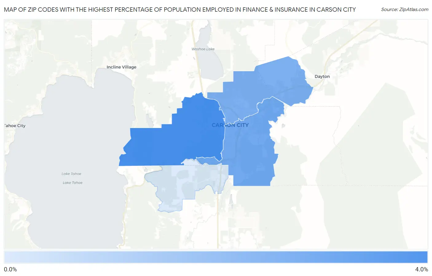 Zip Codes with the Highest Percentage of Population Employed in Finance & Insurance in Carson City Map