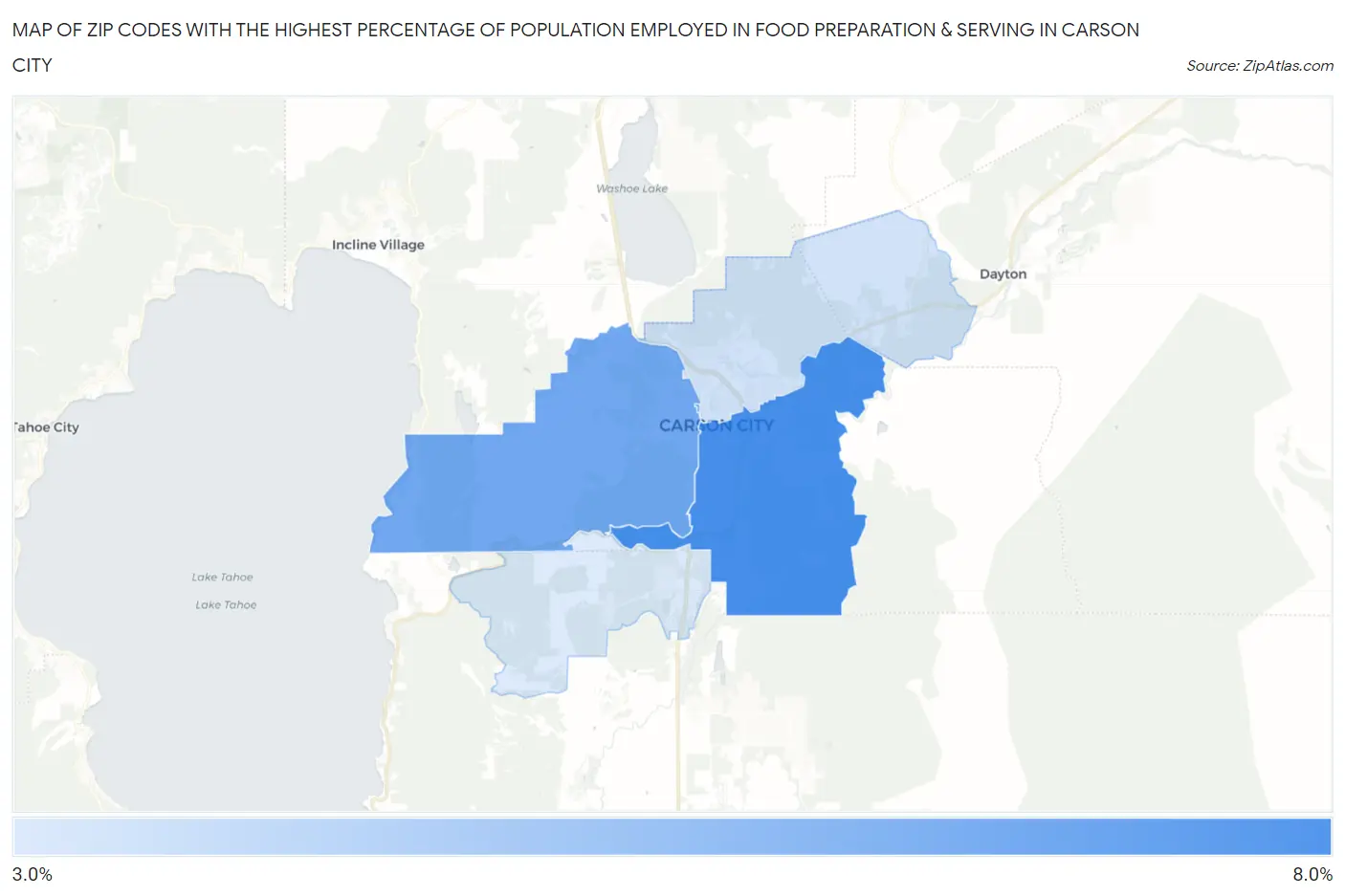 Zip Codes with the Highest Percentage of Population Employed in Food Preparation & Serving in Carson City Map