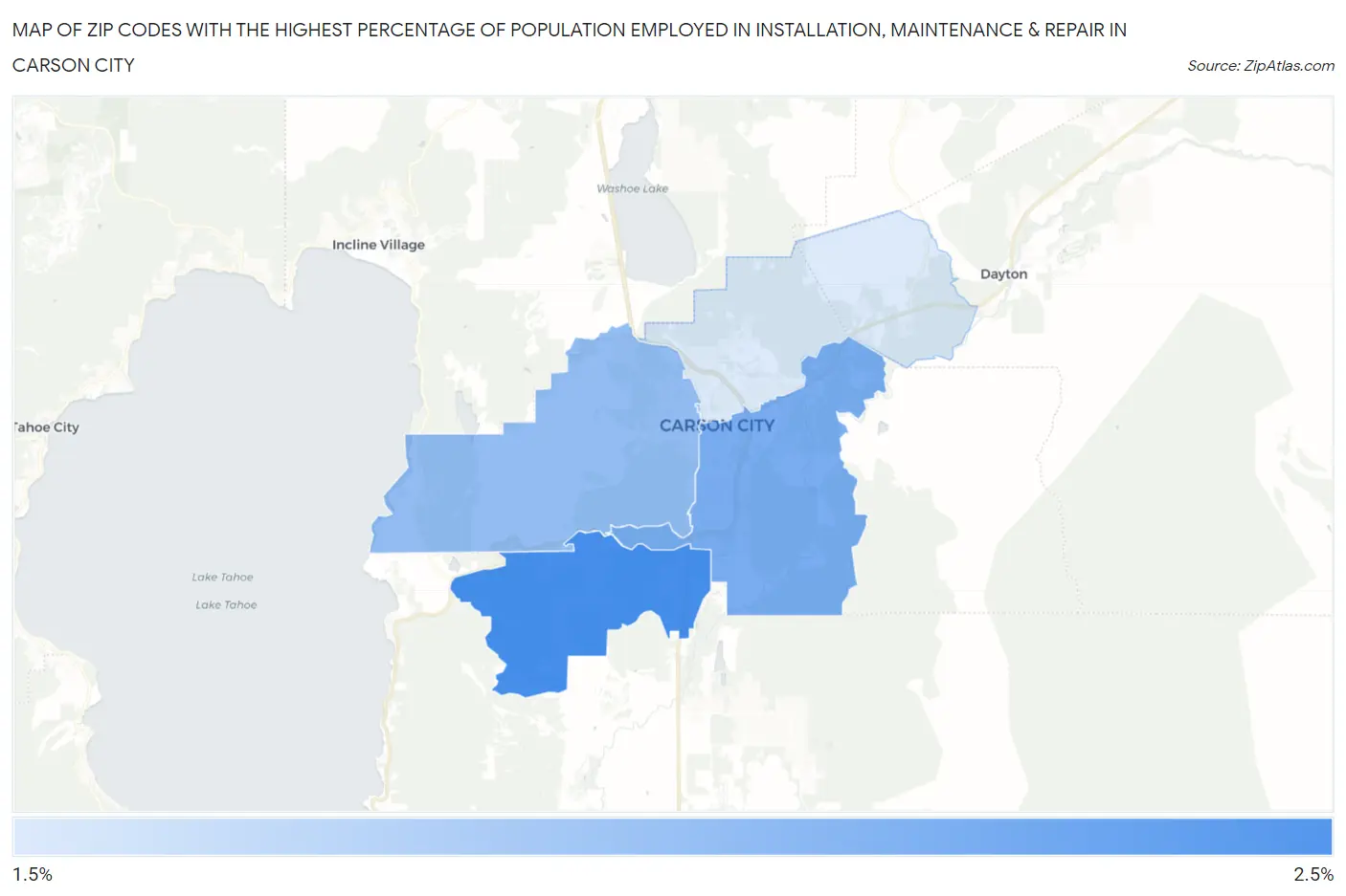 Zip Codes with the Highest Percentage of Population Employed in Installation, Maintenance & Repair in Carson City Map