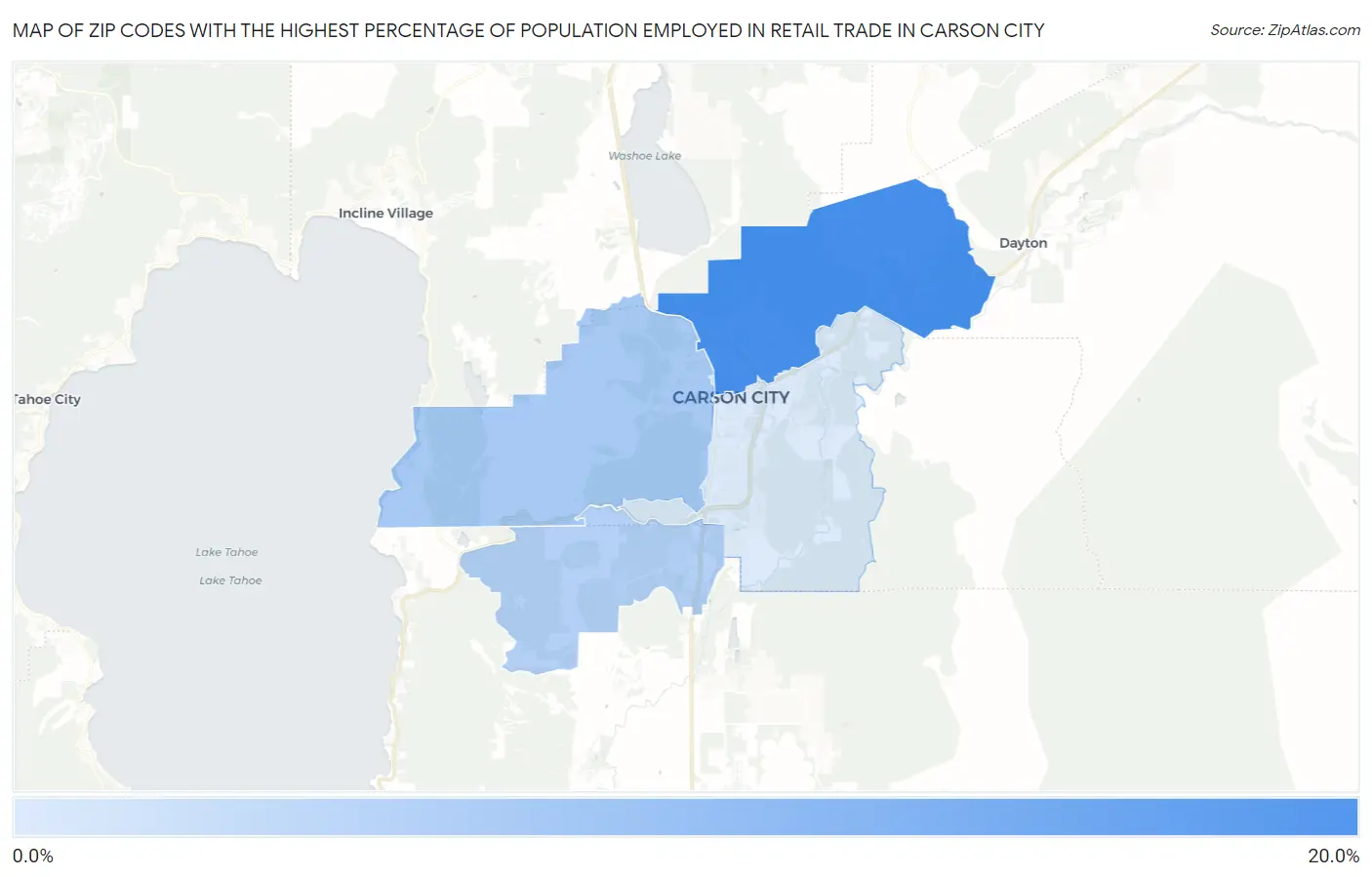Zip Codes with the Highest Percentage of Population Employed in Retail Trade in Carson City Map
