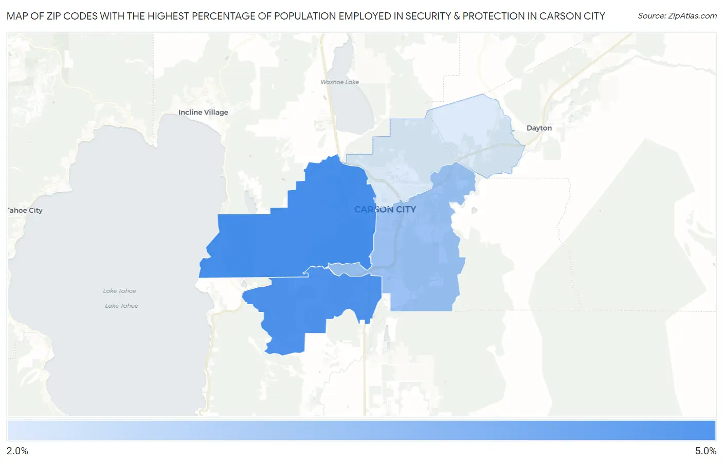Zip Codes with the Highest Percentage of Population Employed in Security & Protection in Carson City Map