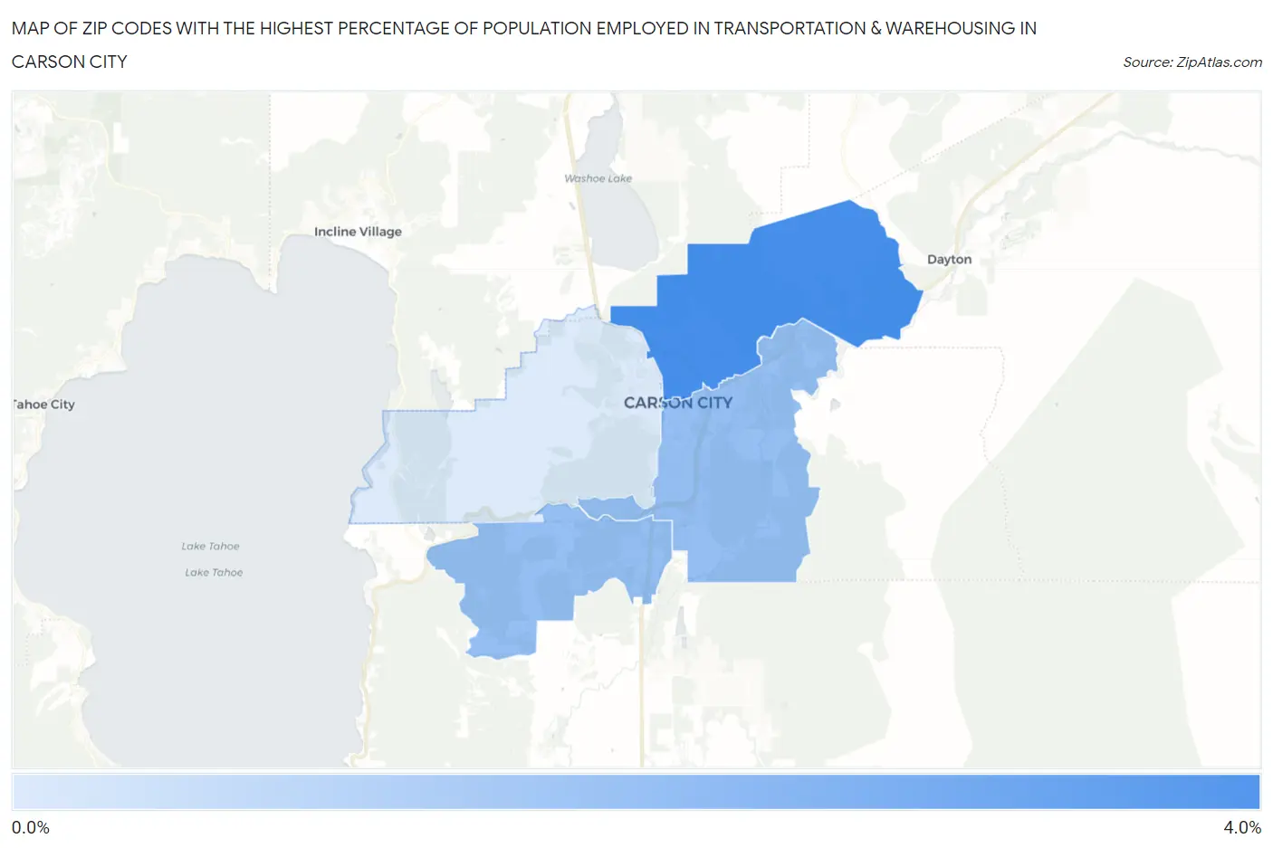 Zip Codes with the Highest Percentage of Population Employed in Transportation & Warehousing in Carson City Map