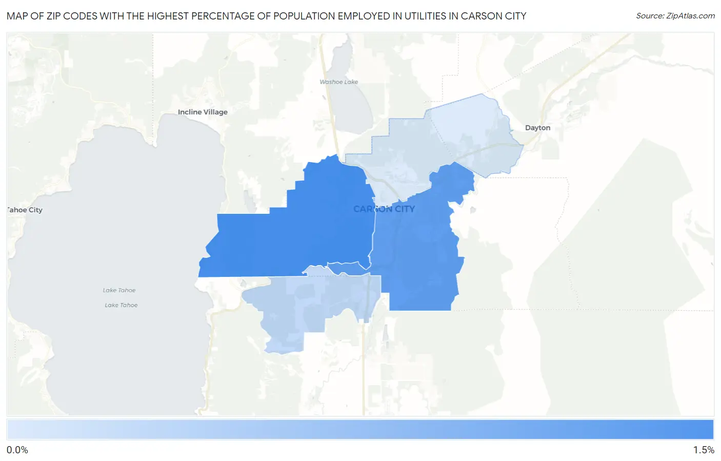 Zip Codes with the Highest Percentage of Population Employed in Utilities in Carson City Map