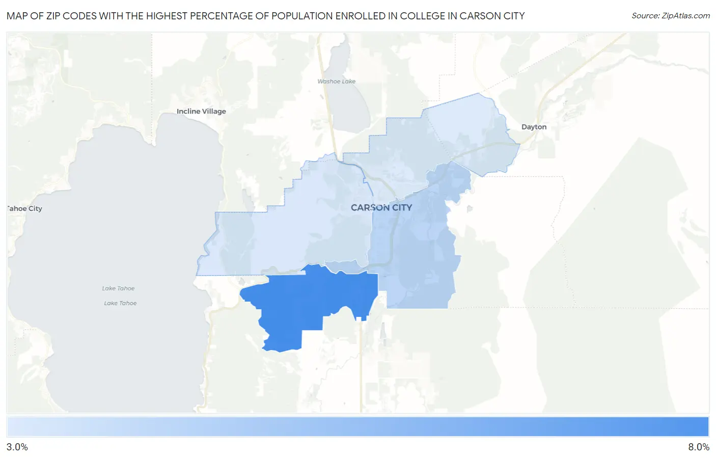 Zip Codes with the Highest Percentage of Population Enrolled in College in Carson City Map