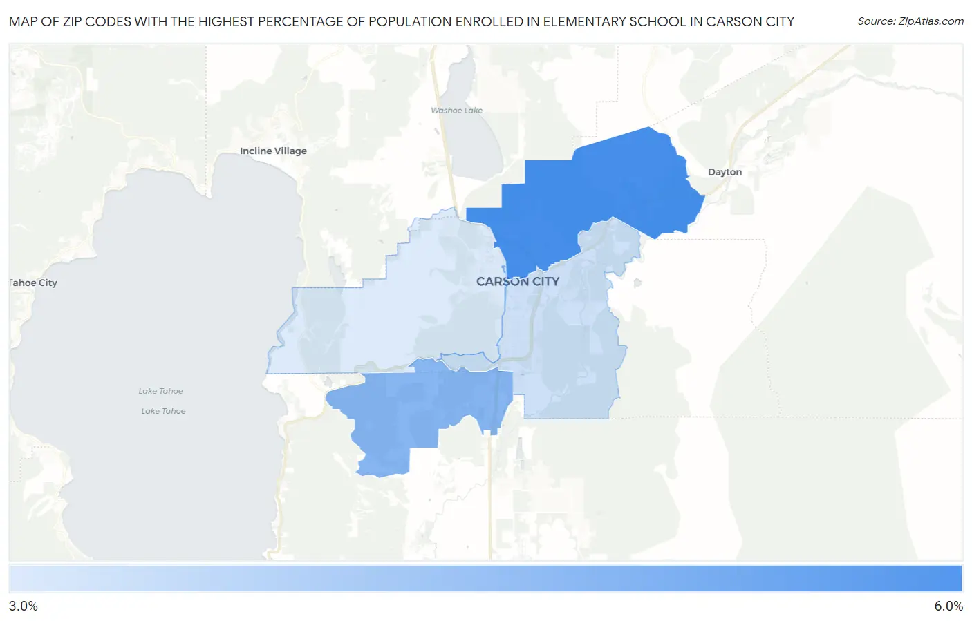 Zip Codes with the Highest Percentage of Population Enrolled in Elementary School in Carson City Map