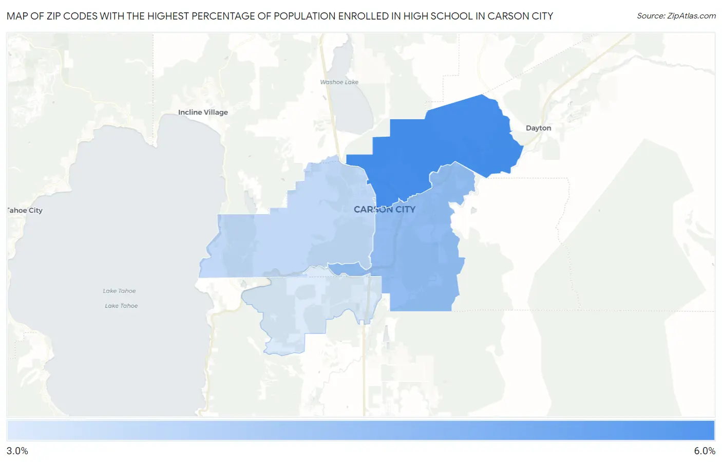 Zip Codes with the Highest Percentage of Population Enrolled in High School in Carson City Map