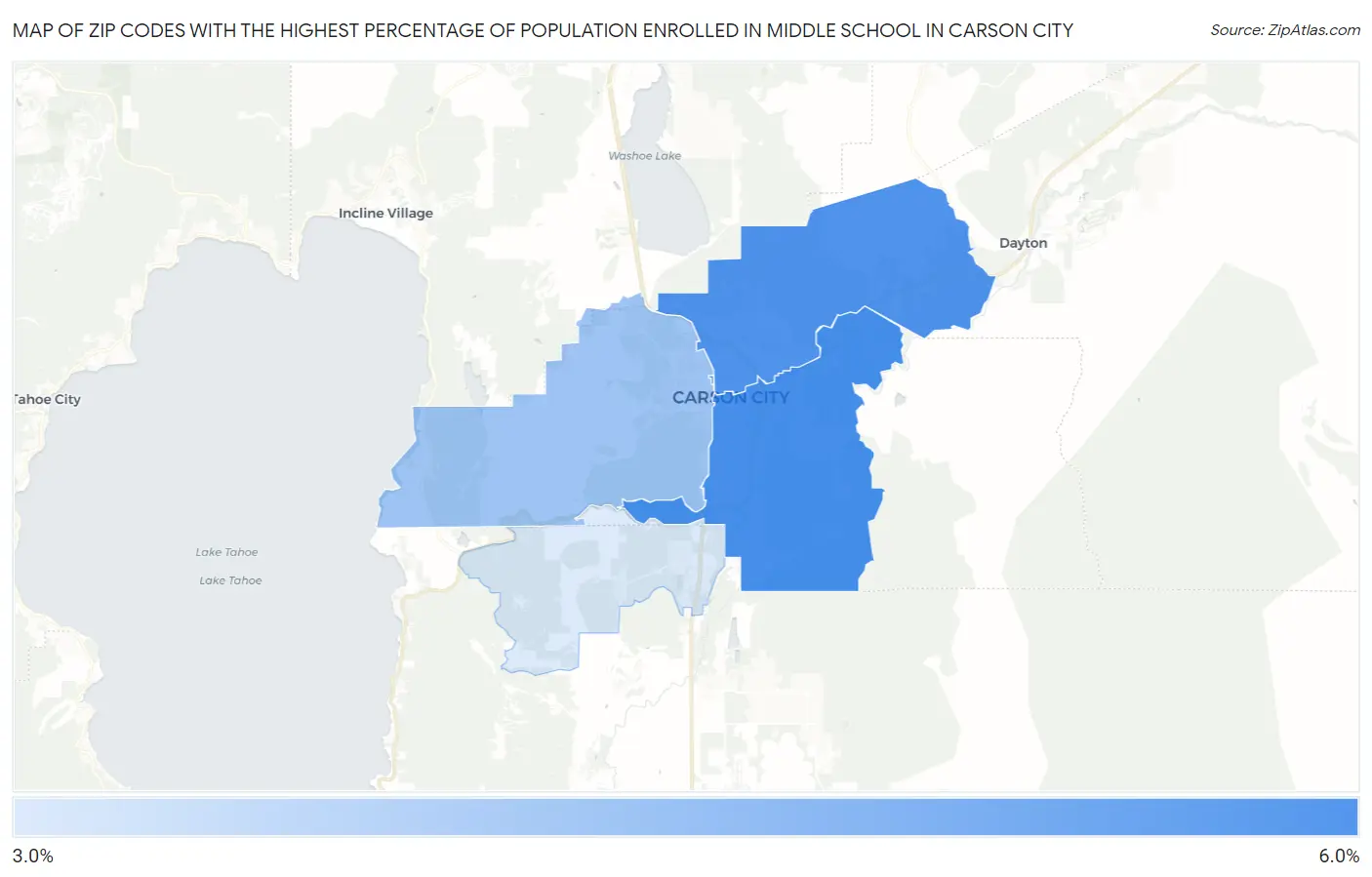 Zip Codes with the Highest Percentage of Population Enrolled in Middle School in Carson City Map