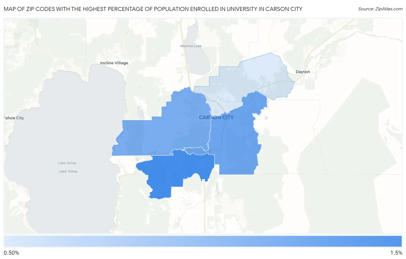 Zip Codes with the Highest Percentage of Population Enrolled in University in Carson City Map