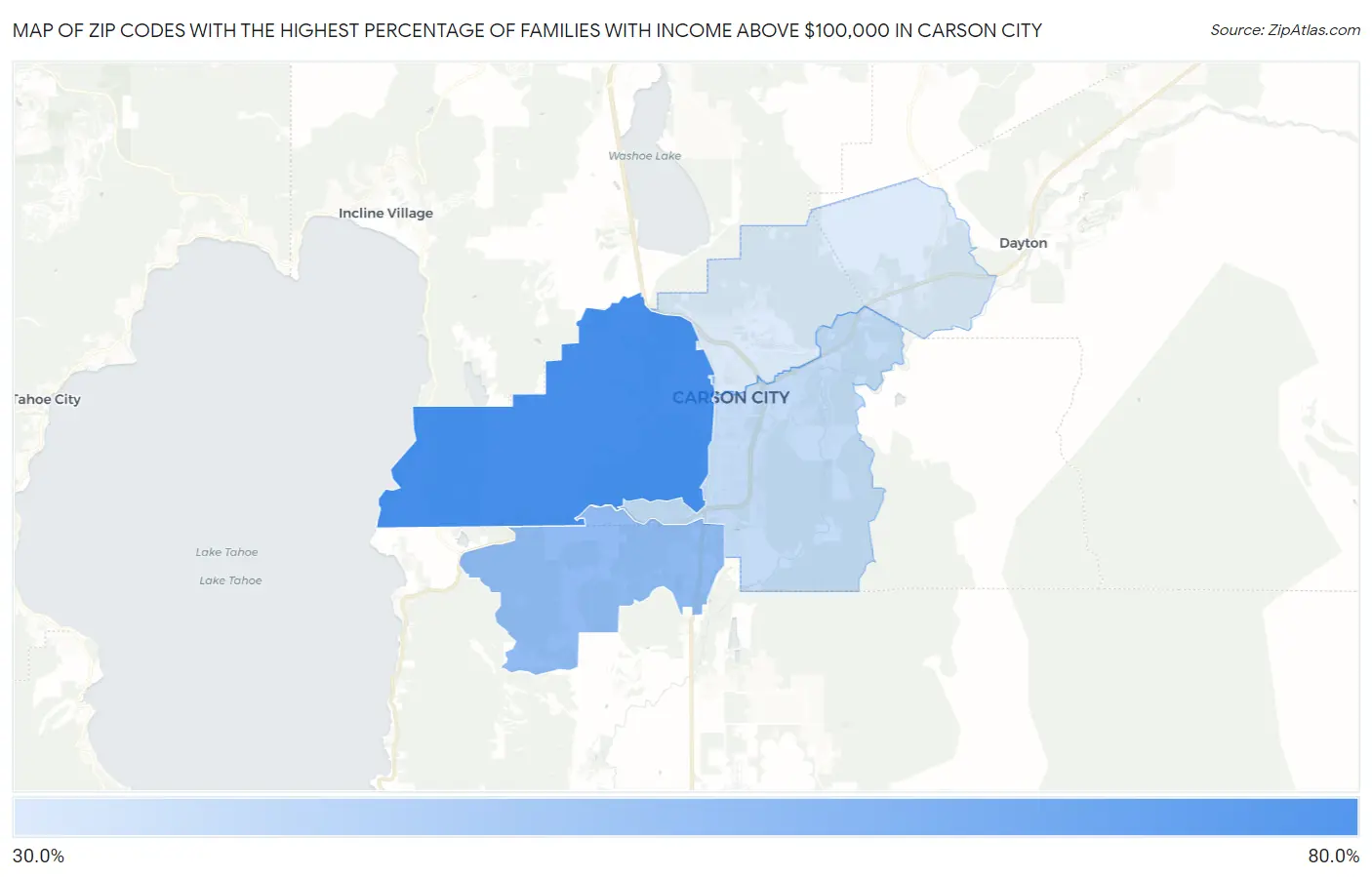 Zip Codes with the Highest Percentage of Families with Income Above $100,000 in Carson City Map