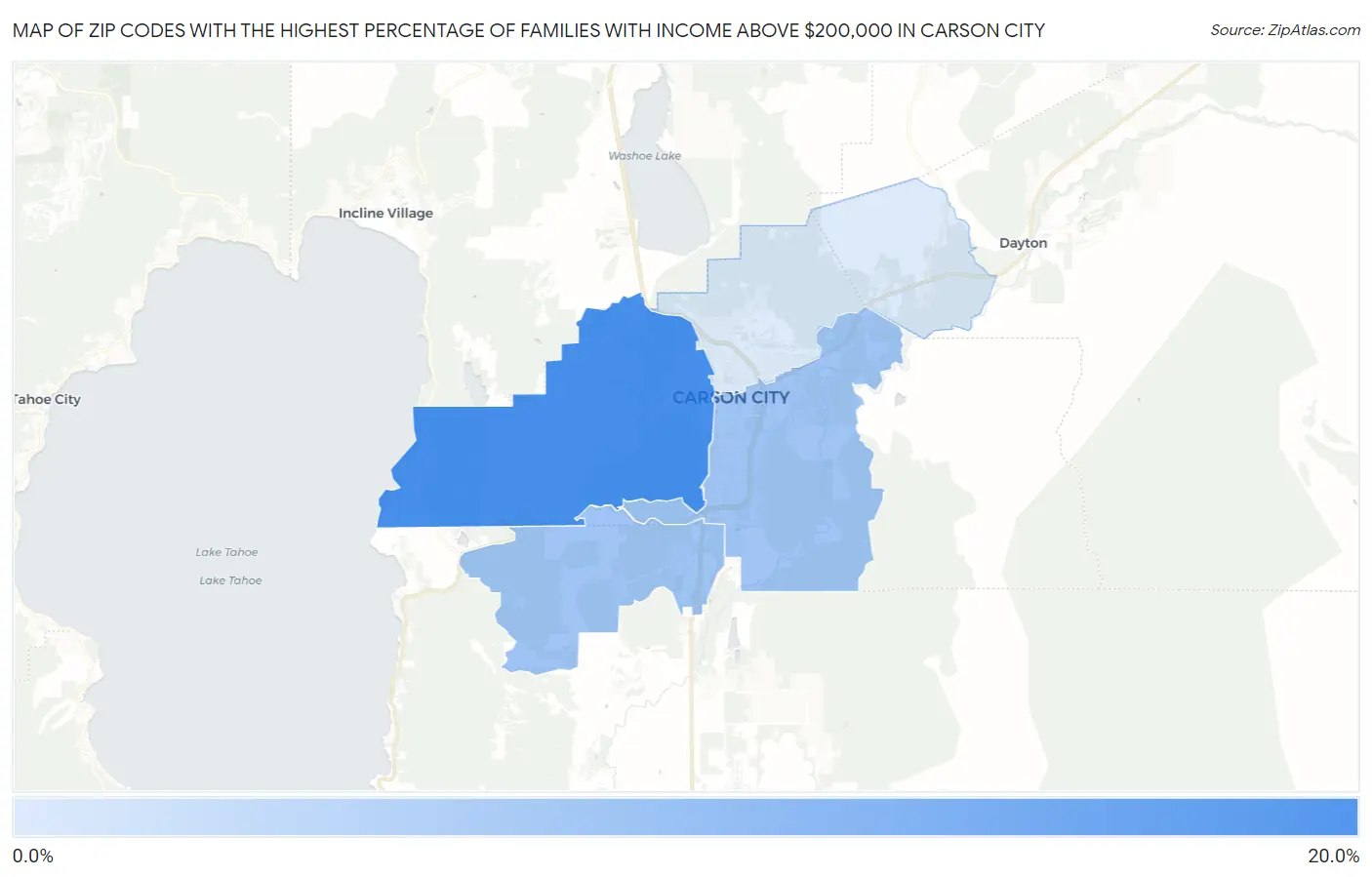 Zip Codes with the Highest Percentage of Families with Income Above $200,000 in Carson City Map
