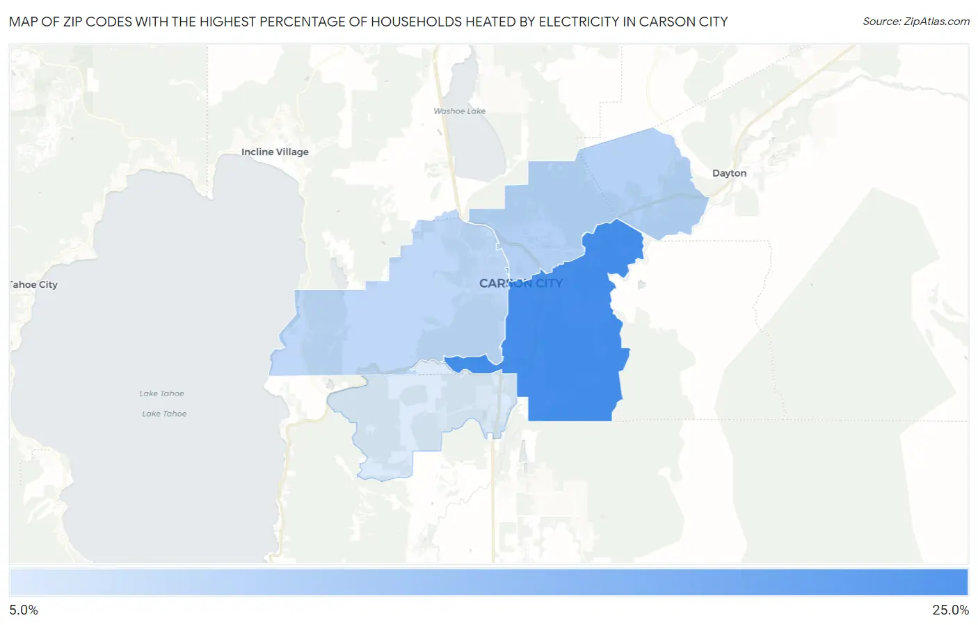 Zip Codes with the Highest Percentage of Households Heated by Electricity in Carson City Map