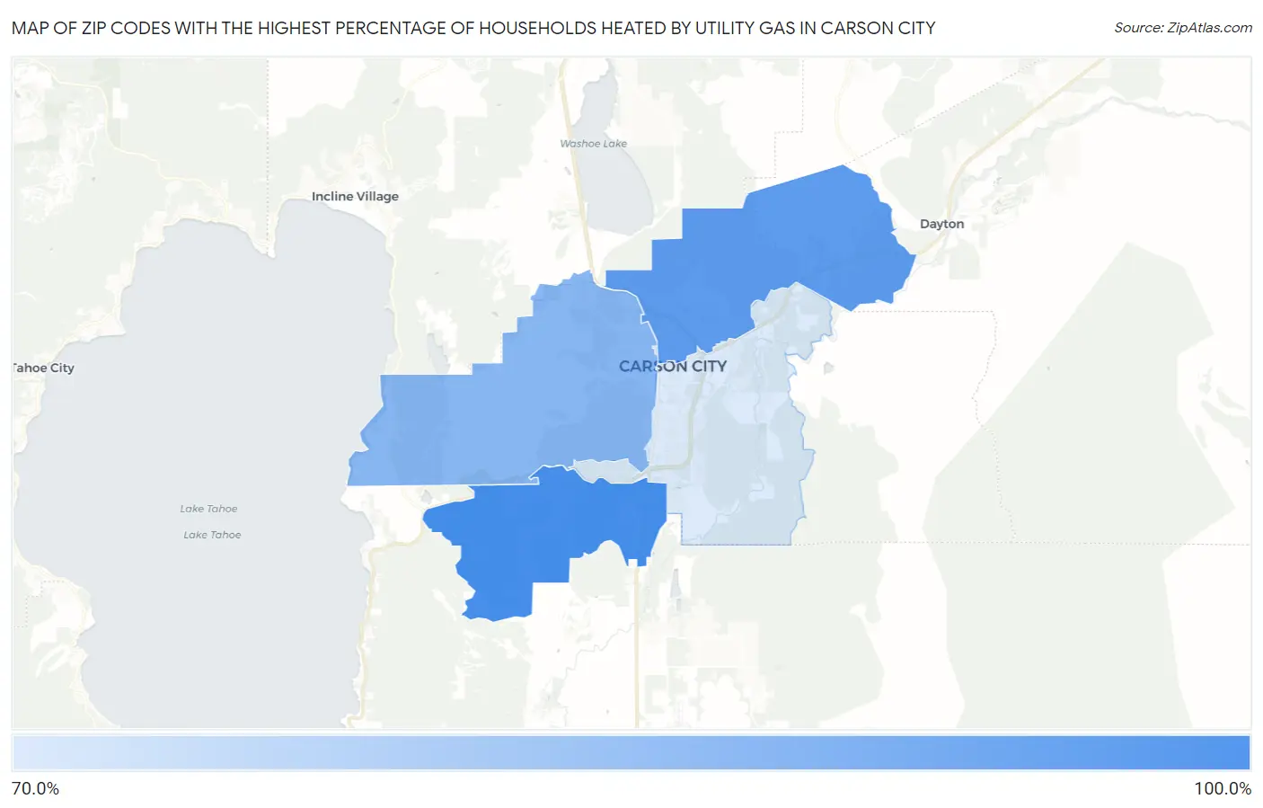 Zip Codes with the Highest Percentage of Households Heated by Utility Gas in Carson City Map