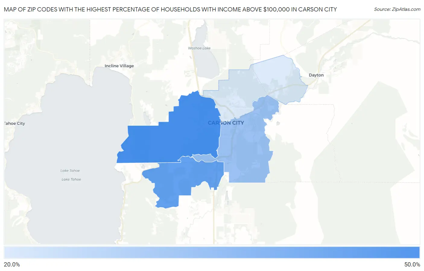 Zip Codes with the Highest Percentage of Households with Income Above $100,000 in Carson City Map
