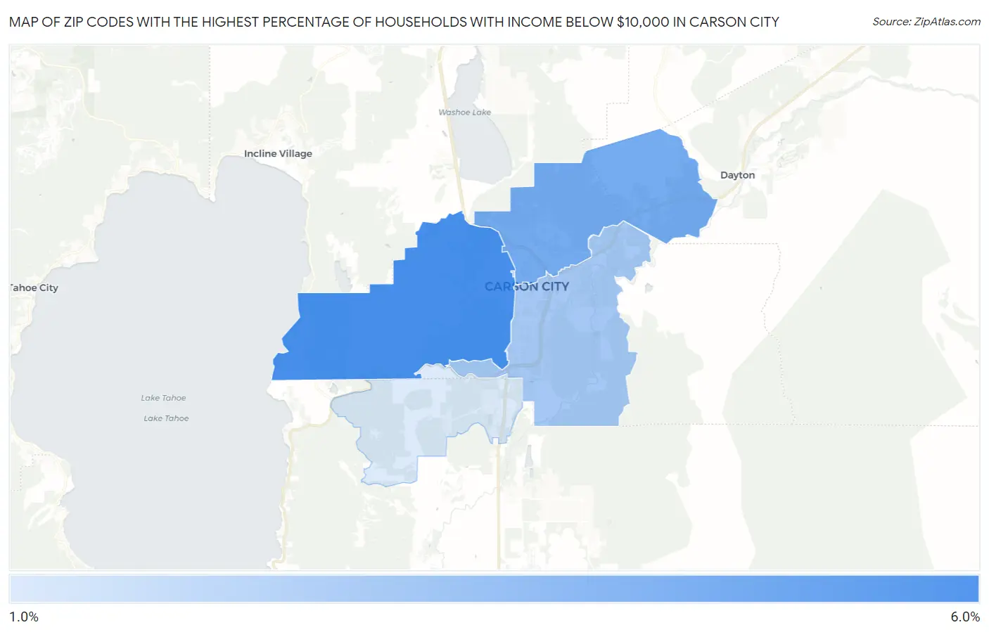 Zip Codes with the Highest Percentage of Households with Income Below $10,000 in Carson City Map